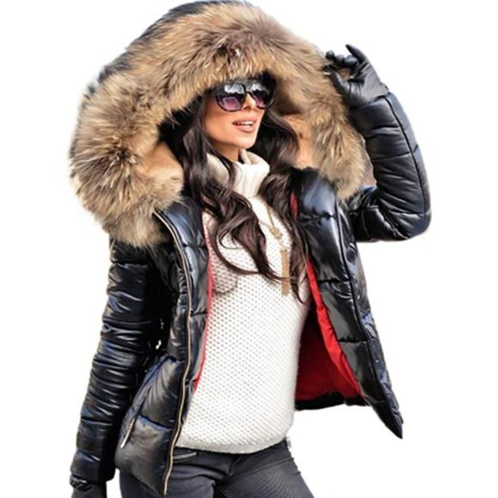 Black Quilted Parka Fur Collar Hooded Winter Jacket Women